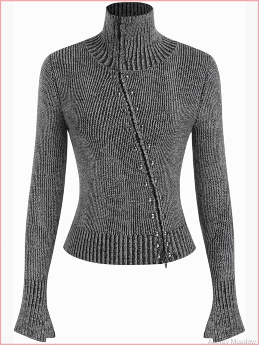 Cropped Zipper Cardigan Stand Collar Turtleneck Split Sleeve Trendy Sweater